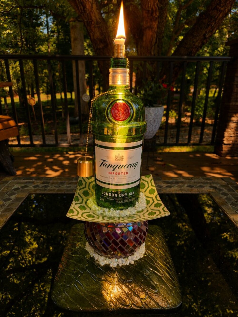 Upcycled Tiki Torch Tanqueray Mosaic Crushed Glass Accents